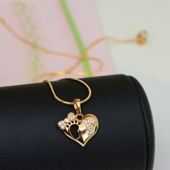 "Rose Gold Baby Footprint Heart Pendant with Sparkling CZ Accents, XPPT1249 - Picture 7 of 12